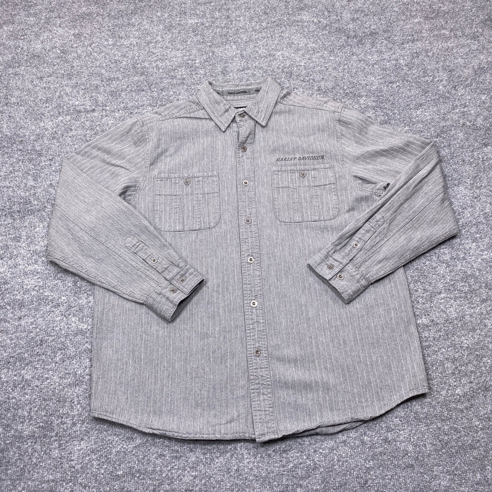 Harley-Davidson Shirt Mens Large Gray Pinstripe Long Sleeve Button Up Biker